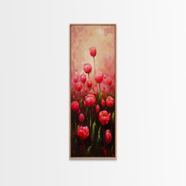 Vibrant Red Tulips in Bloom Against a Soft Pink Background on a Framed Canvas Print Skinny Art Piece