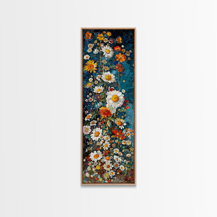 Tall Skinny Art of Vibrant Floral Mosaic on Blue Background as Framed Canvas Print for Bright Wall Decor and Home Interiors