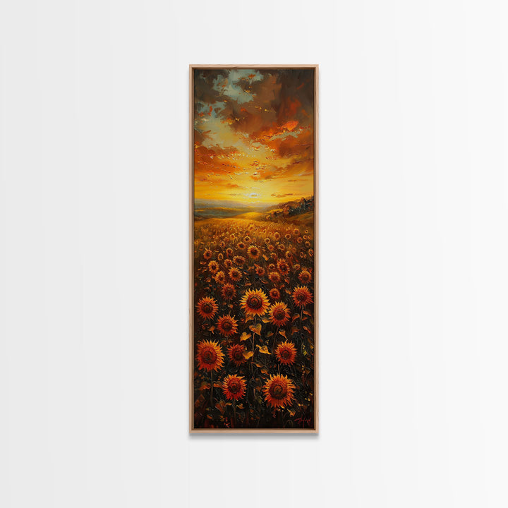 Sunflowers in Golden Sunset, Tall Skinny Art Framed Canvas Print Ideal for Warm Wall Decor in Living Rooms or Bedrooms