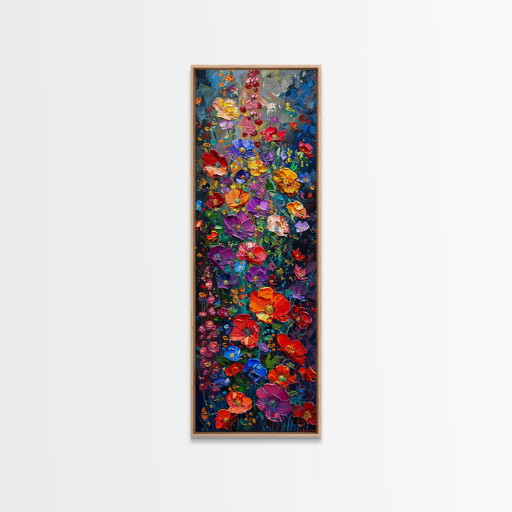 Vibrant Floral Cascade on Textured Canvas as Tall Skinny Art Framed Canvas Print for Colorful Wall Decor in Modern Interiors