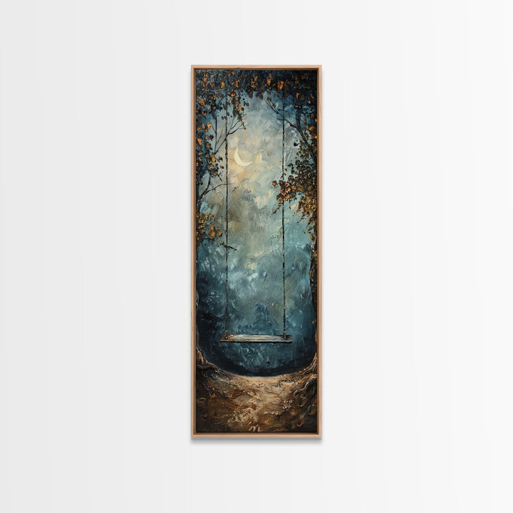 Tree Swing At Midnight Framed Canvas Print, Secret Garden, Dark Academia, Whimsical Minimalist Wall Art, Night Time Under a Crescent Moon