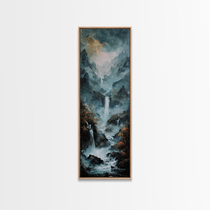 Waterfalls Against A Dark Mountain Landscape, Framed Canvas Print, Wood Frame Wall Art, Unique Decor, Farmhouse Wall Art, Tall / Skinny Wall Art