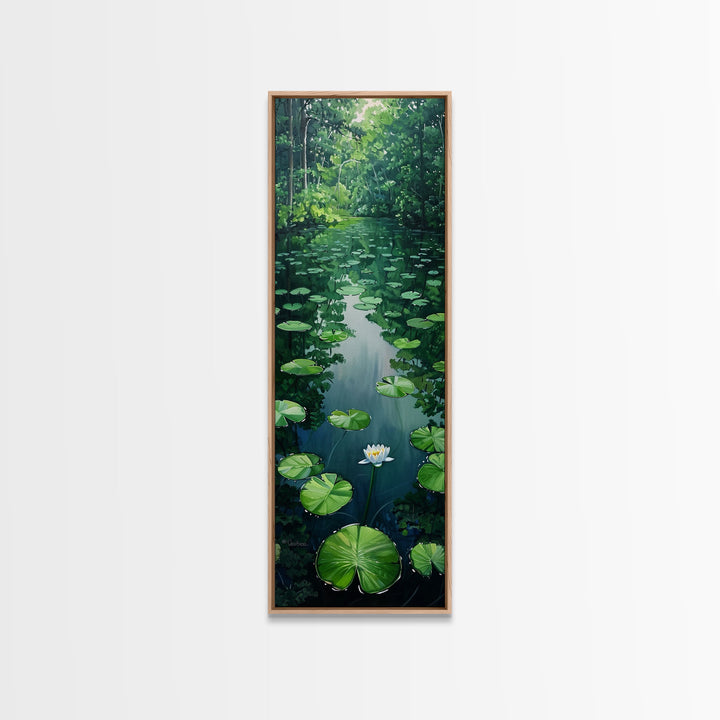 Tranquil Lily Pond Surrounded By Lush Forest, Boho And Minimalist Art For Nature Lovers, Farmhouse Wall Art In Tall Canvas Print