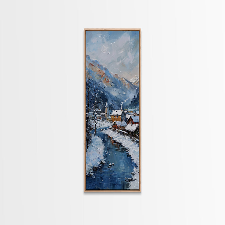 Tranquil Winter Village Scene Snowy River Minimalist Farmhouse Art Framed Canvas Print Tall Art Ukiyo-e Japanese Style Art