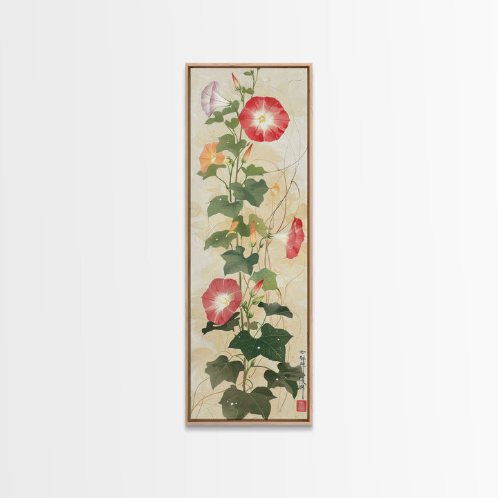 Vibrant Morning Glories Bloom Skinny Art Tall Art Japanese Ukiyo-e Inspired Floral Print Framed Canvas Wall Art