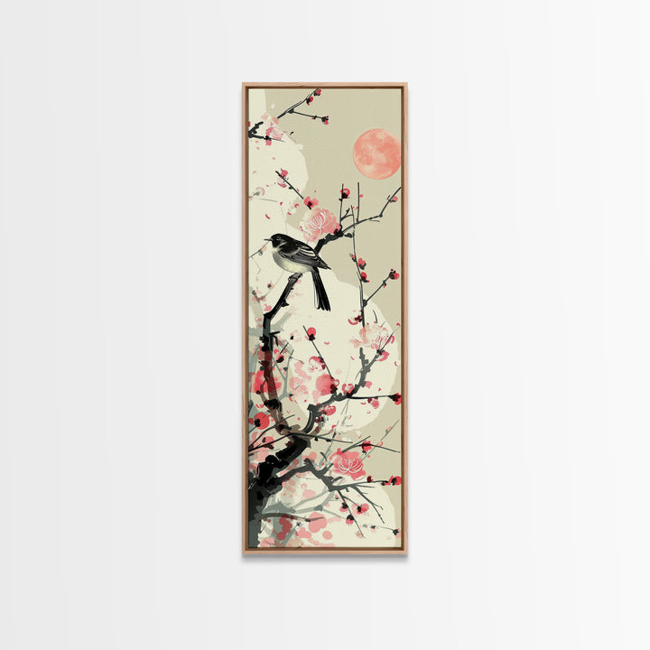 Songbird on Cherry Blossom Skinny Art Tall Art Japanese Ukiyo-e Inspired Bird and Nature Framed Canvas Print