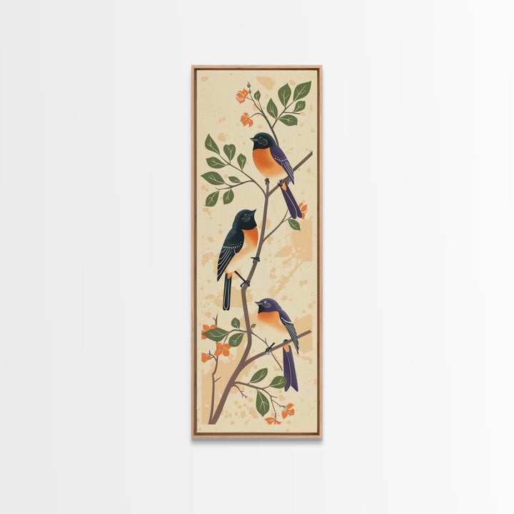 Three Birds Perched On A Branch Japanese Style Framed Canvas Print, Traditional Illustration Art Ready To Hang For Home Decor