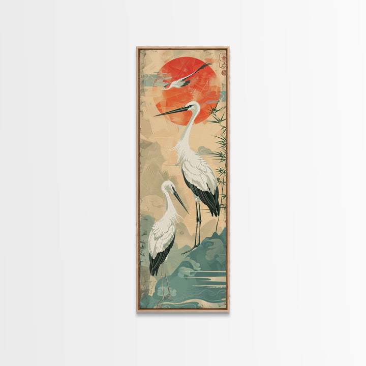 Tall Japanese Cranes Under a Vibrant Red Sun Ukiyo-e Art Skinny Framed Canvas Print Traditional Japanese Nature Scene