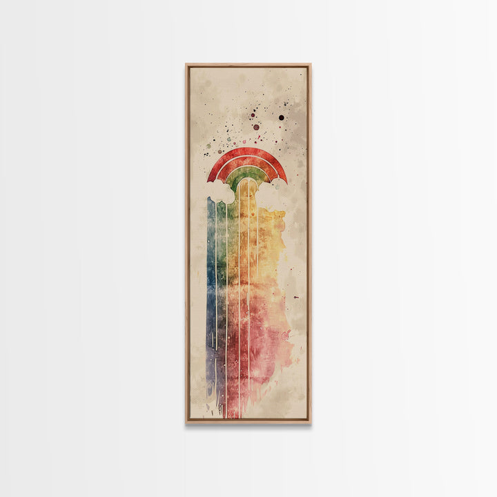 Vintage-Inspired Rainbow Waterfall Ukiyo-e Art Skinny Framed Canvas Print in Neutral Tones