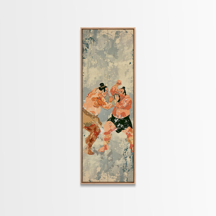 Sumo Wrestlers in Action Skinny Ukiyo-e Art Tall Framed Canvas Print with Japanese Cultural Heritage