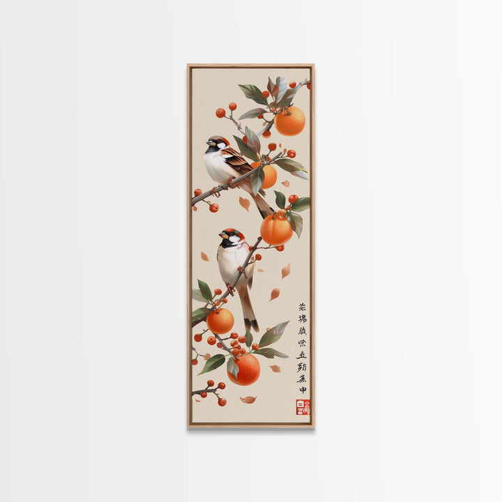 Skinny Art Tall Art Framed Canvas Print Wood Block Print Of Elegant Bird Perched On Branch Amidst Orange Fruits Ukiyo-e Japanese Style Art