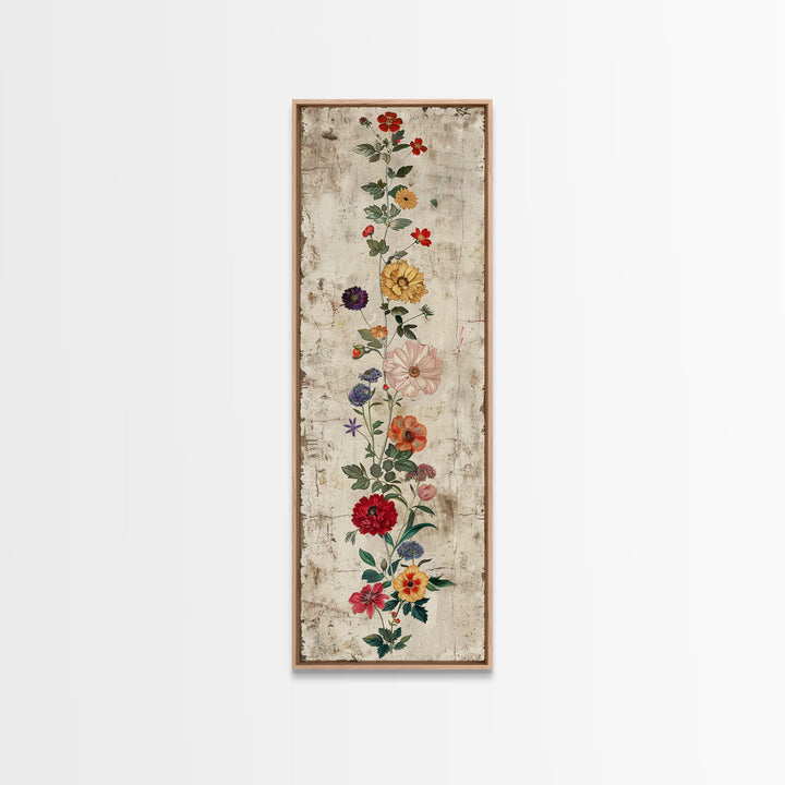 Skinny Art Tall Art Framed Canvas Print Vintage Style Floral Art With Mixed Blossoms On A Rustic Background Ukiyo-e Japanese Style Art