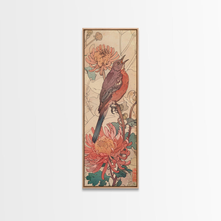 Singing Bird Amid Chrysanthemums Soft Pastels Skinny Art Tall Art Framed Canvas Print Japanese Style Art Ukiyo-e Art Wood Block Print Floral