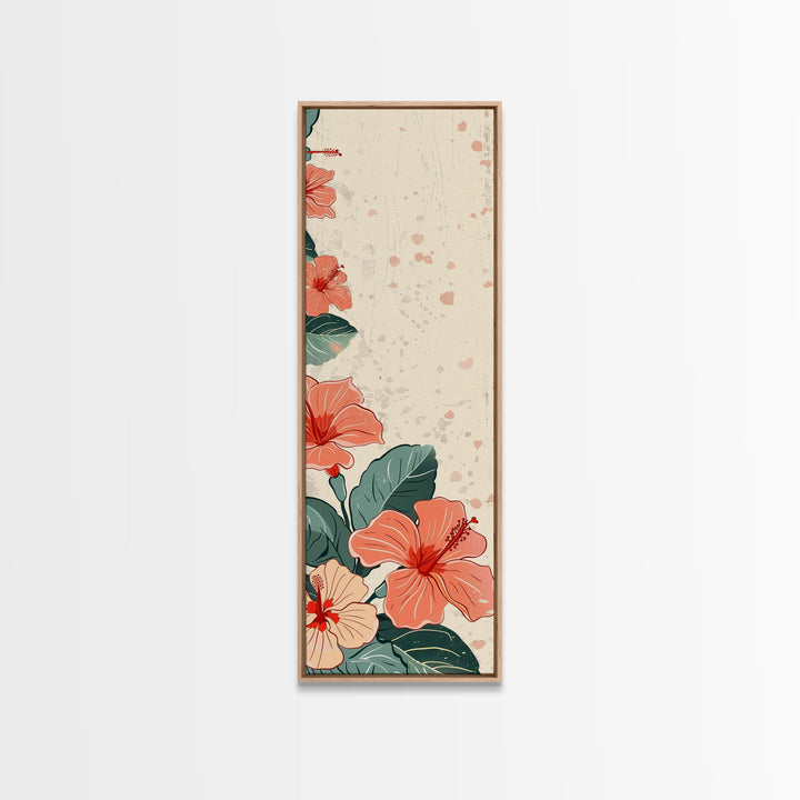 Soft Hibiscus Flowers In Delicate Shades Skinny Art Tall Art Framed Canvas Print Japanese Style Art Ukiyo-e Art Wood Block Print Floral Decorative