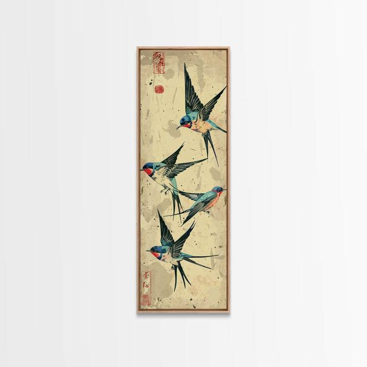 Trio Of Swallows In Flight Against A Vintage Beige Background, Skinny Art Tall Wall Art Framed Canvas Print Japanese Style Art