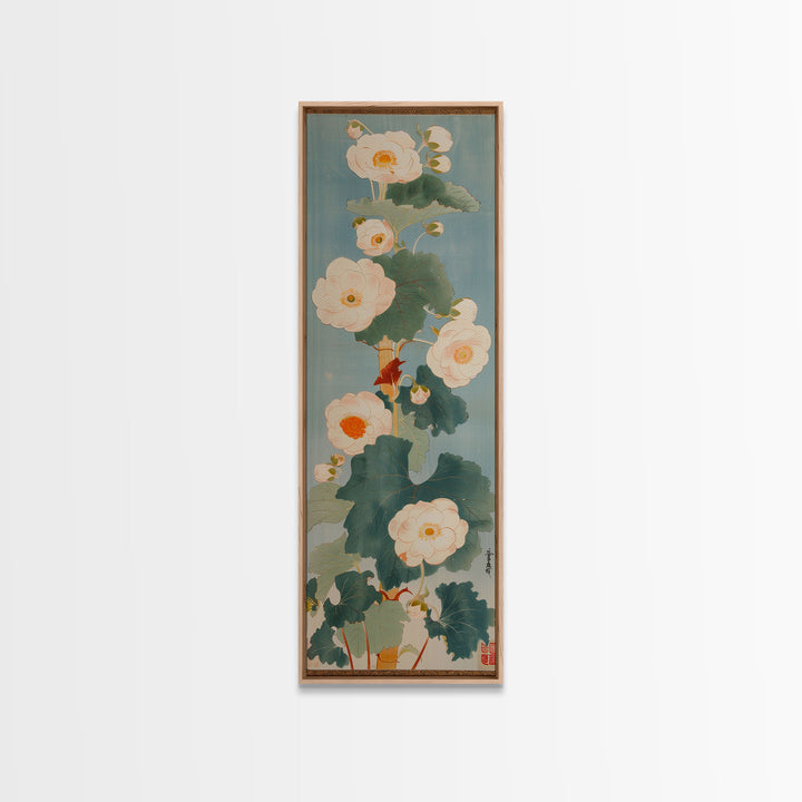 Tall White Blooms with Large Leaves on Blue Background, Framed Canvas Print in Japanese Art Style