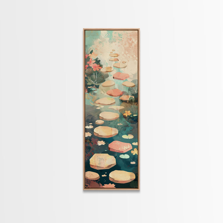 Stepping Stones In Japanese Garden Tranquil Path Art On Framed Canvas Print In Ukiyo-e Style Tall Skinny Wood Block Wall Decor