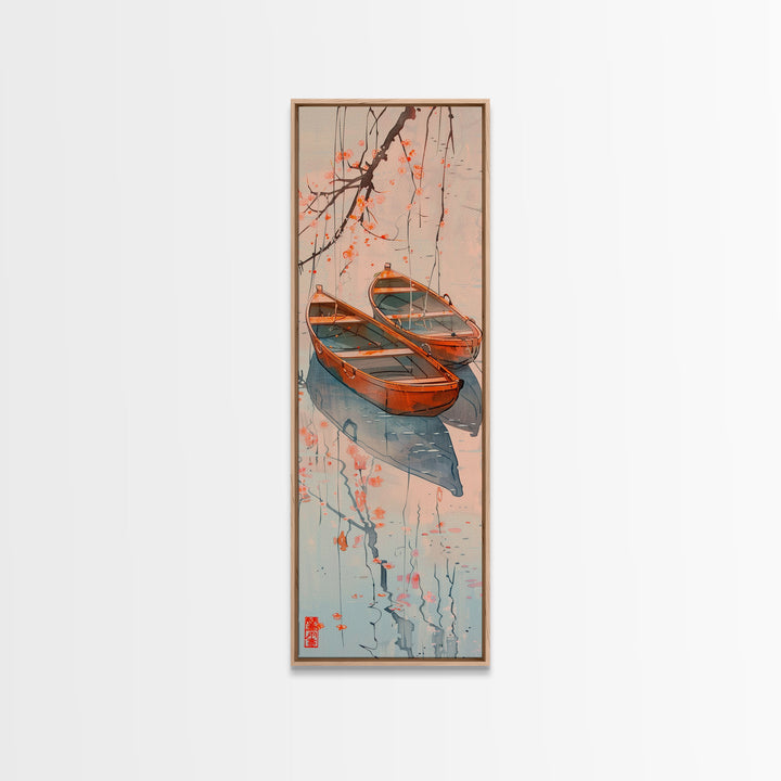 Two Wooden Boats Water Cherry Blossoms Reflected Japanese Style Tall Wall Art Skinny Framed Canvas Print