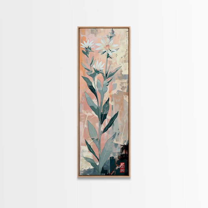 Tall Stemmed Wildflowers Abstract Background Japanese Style Tall Skinny Framed Canvas Print Wall Art