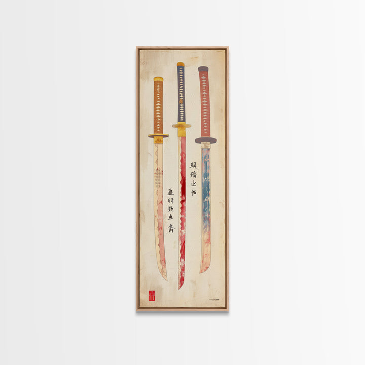 Three Ornate Samurai Swords Displayed Traditional Japanese Style On A Vintage Background Tall Framed Canvas Print Historical Decor