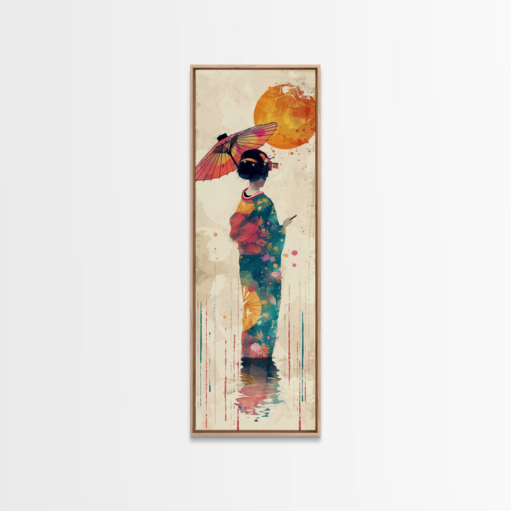 Ukiyo-e Art, Skinny Art, Tall Art, Japanese Style Art, Geisha With Umbrella Wood Block Print Framed Canvas Print