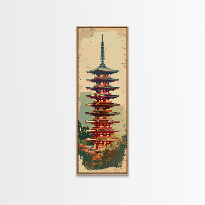 Tall Art, Skinny Art, Japanese Style Art, Pagoda Tower Wood Block Print Framed Canvas Print Ukiyo-e Art