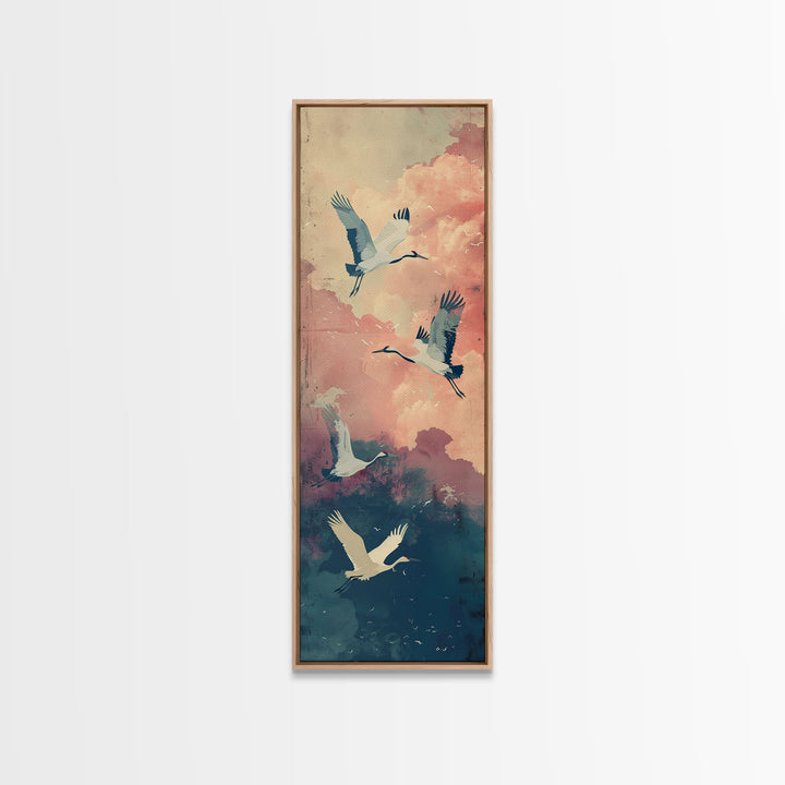 Ukiyo-e Art, Tall Art, Skinny Art, Japanese Style Art, Cranes In Flight Wood Block Print Framed Canvas Print