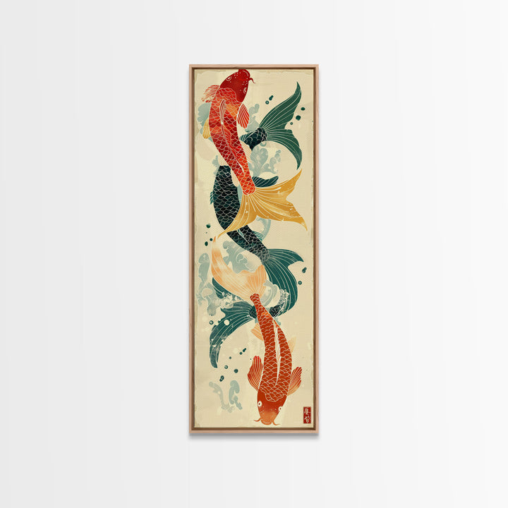 Ukiyo-e Art Of Two Koi Fish Intertwined In A Harmonious Composition, Skinny Art, Tall Art, Japanese Style Art, Wood Block Print, Framed Canvas Print