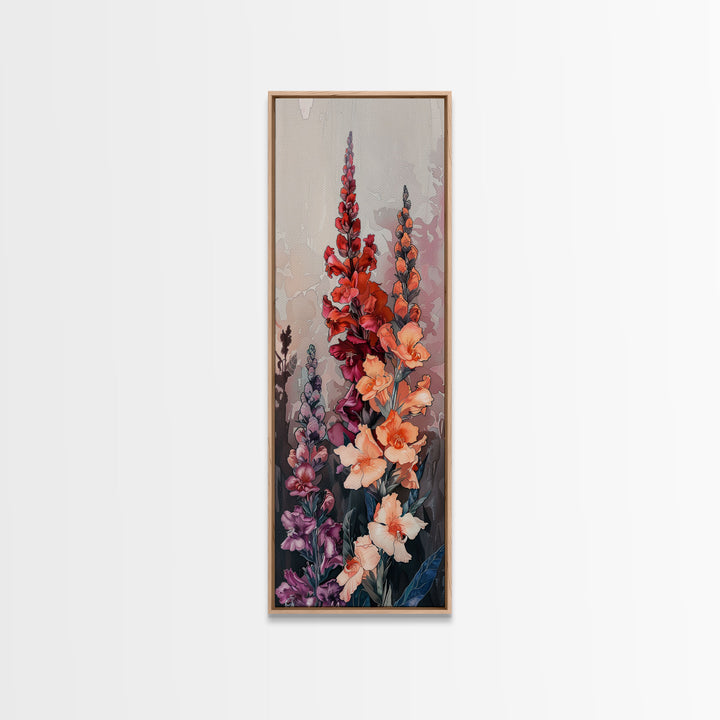 Wood Block Print Featuring Vibrant Gladiolus Flowers In A Dynamic Arrangement, Skinny Art, Tall Art, Japanese Style Art, Ukiyo-e Art, Framed Canvas Print