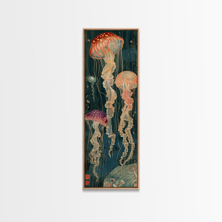 Skinny Art Tall Art Jellyfish Wood Block Print Japanese Style Art Captivating Underwater Scene Framed Canvas Print