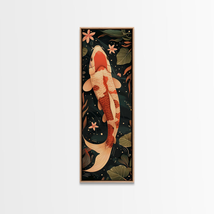 Skinny Art Tall Art Koi Fish Wood Block Print Japanese Style Art Swimming Among Lotus Flowers Framed Canvas Print