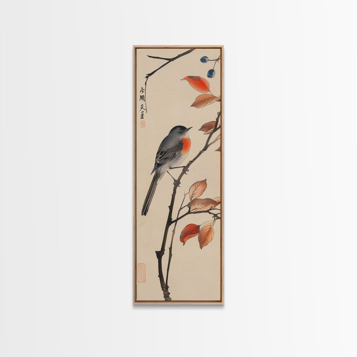 Songbird Perched On Branch With Autumn Leaves Skinny Art Wood Block Print Framed Canvas Print