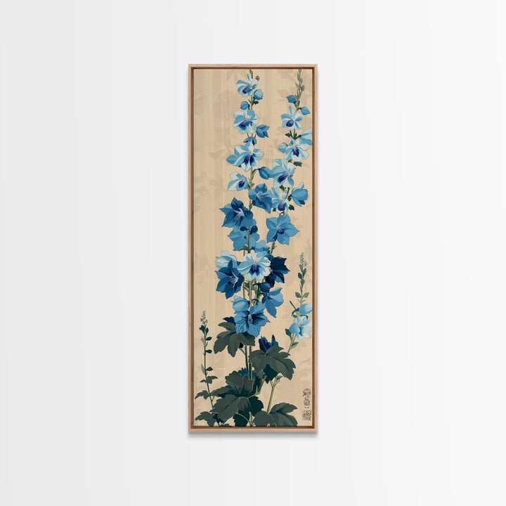 Tall Blue Delphinium Flowers Against Beige Background Ukiyo-e Wood Block Print Framed Canvas Print