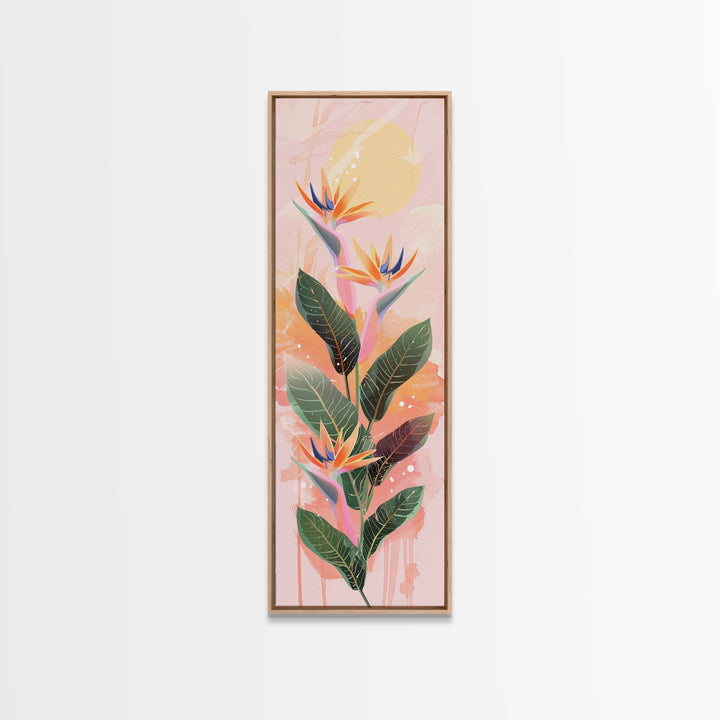 Vibrant Bird Of Paradise Flowers Against Soft Pastel Background Ukiyo-e Style Skinny Tall Wood Block Framed Canvas Print