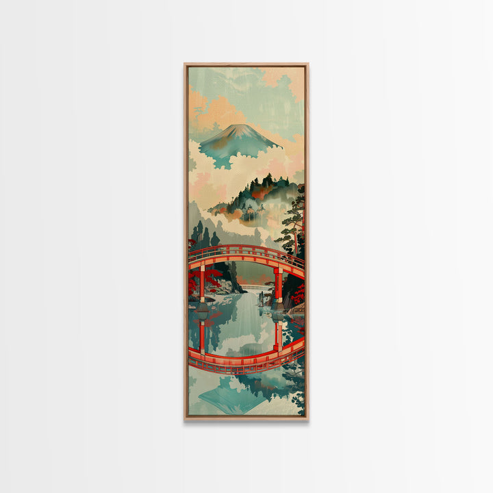 Stunning Mount Fuji With Red Bridge Reflection, Skinny Tall Framed Canvas Print, Feng Shui-Inspired Japanese Style Art For Wall Art