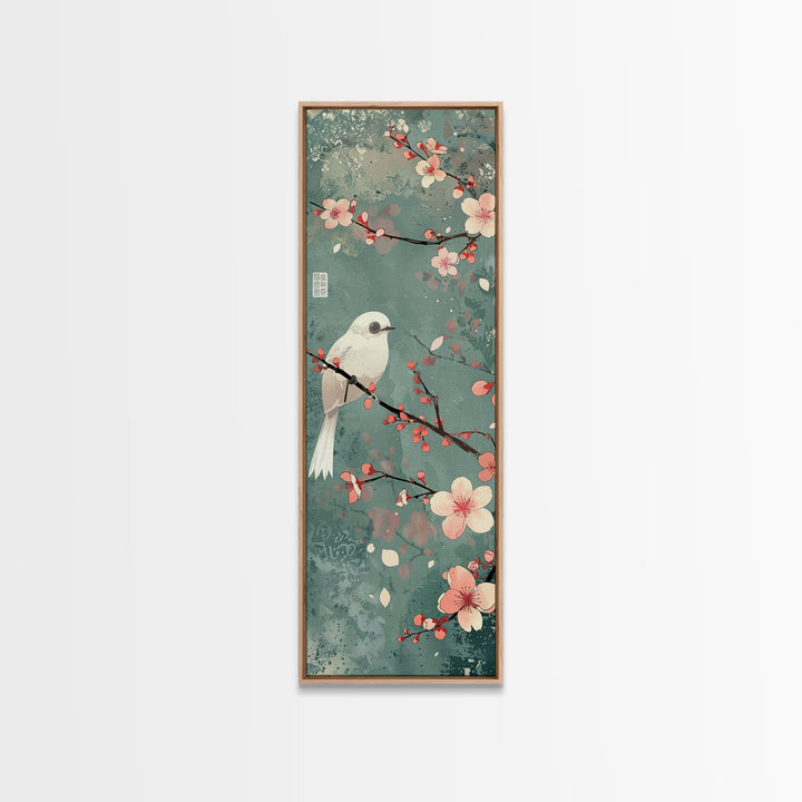 White Bird Perched On A Branch With Blossoms – Framed Canvas Print Combining Skinny Art And Tall Art Inspired By Ukiyo-E Art And Japanese Style Art