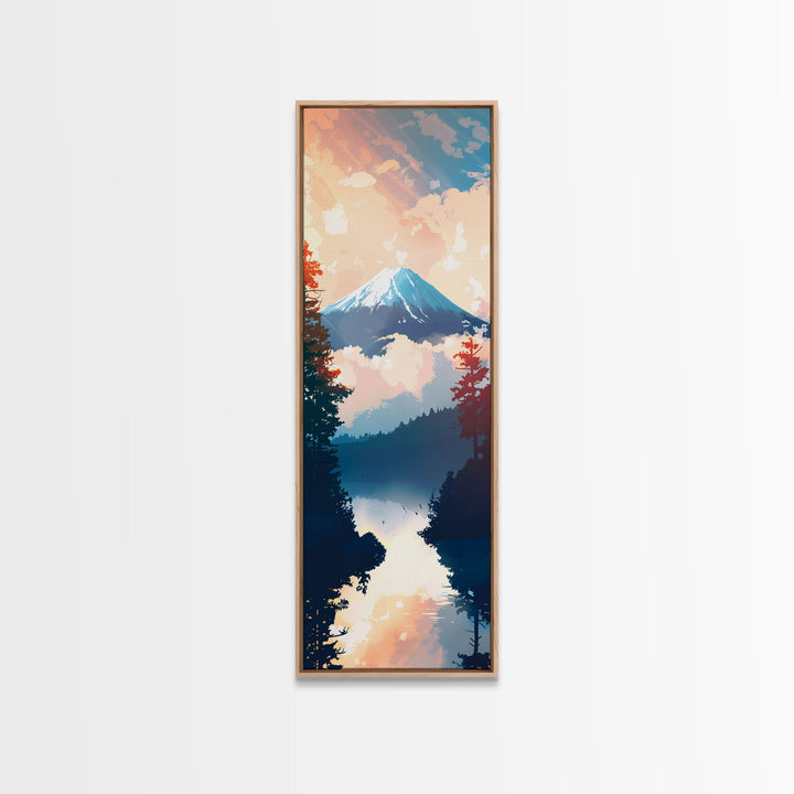 Skinny Art Tall Art Framed Canvas Print Japanese Style Art Mount Fuji At Sunrise Reflection Wood Block Print Ukiyo-e Feng Shui Wall Art