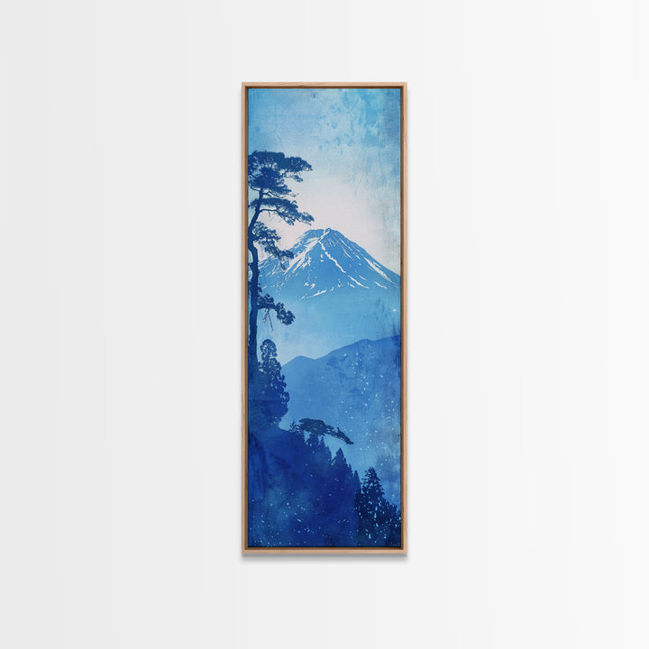 Skinny Art Tall Art Framed Canvas Print Japanese Style Art Blue Mount Fuji Forest Wood Block Print Ukiyo-e Feng Shui Wall Art