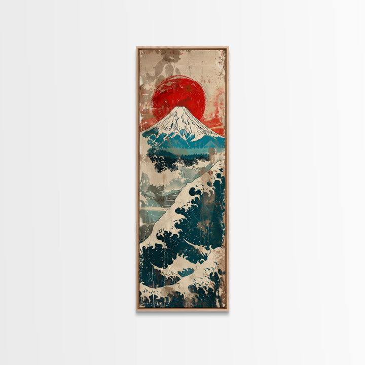 Skinny Art Tall Art Framed Canvas Print Japanese Style Art Retro Red Sun Mount Fuji Wood Block Print Ukiyo-e Feng Shui Wall Art