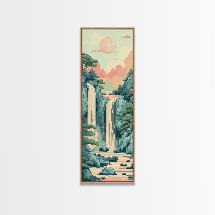 Waterfall With Scenic Landscape - Skinny Art Tall Art Framed Canvas Print Japanese Style Art Ukiyo-e Art