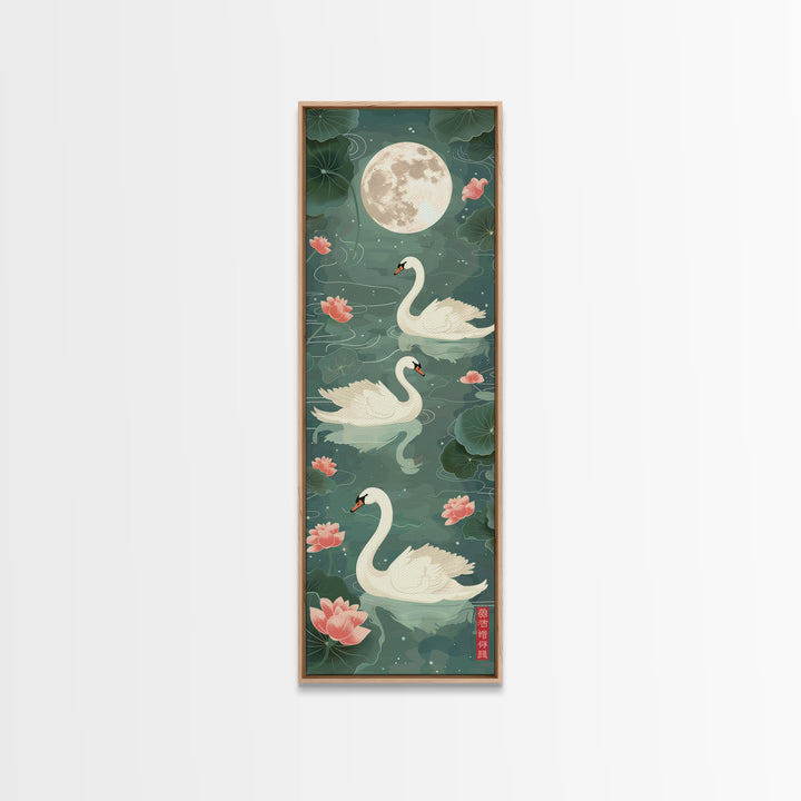 Swans Floating Gracefully Under The Full Moon In Japanese Style Ukiyo-e Art Framed Canvas Print Skinny Art Tall Art