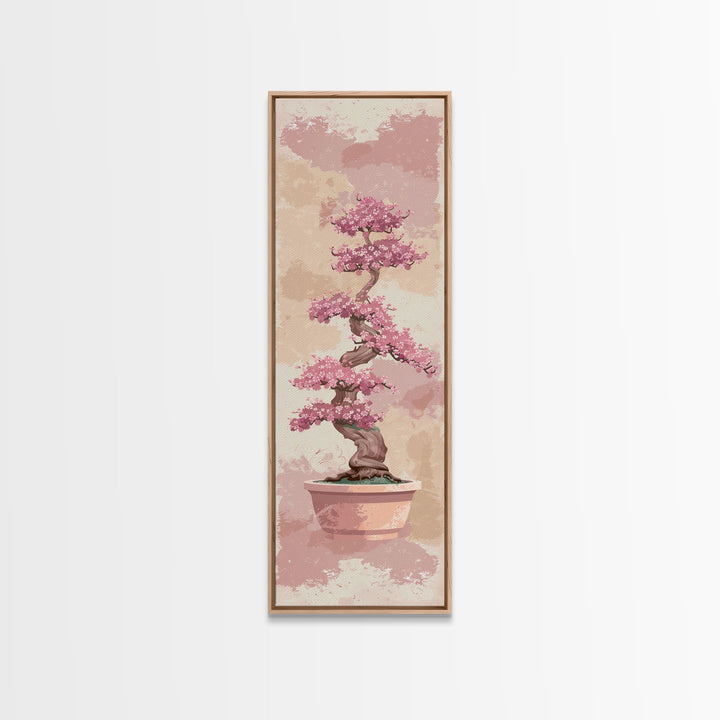 Tall Skinny Art Japanese Style Wood Block Print Potted Bonsai Tree On A Textured Background In Ukiyo-e Style For Framed Canvas Print