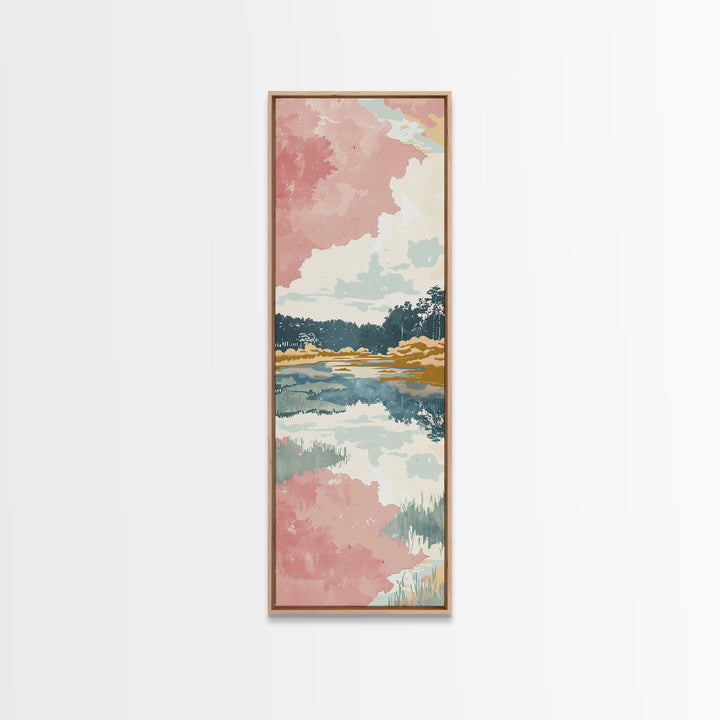 Tall Skinny Art Japanese Style Wood Block Print Serene Lake Scene With Pastel Reflections For Framed Canvas Print In Ukiyo-e Style