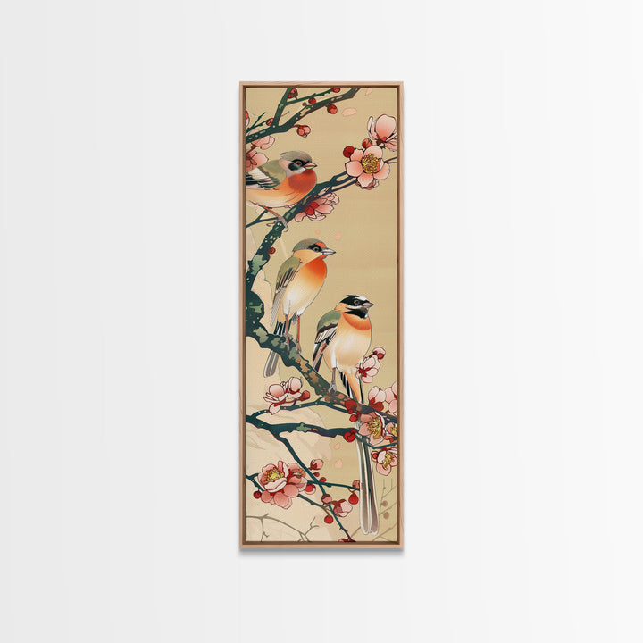 Tall Skinny Art Japanese Style Wood Block Print Vibrant Birds On Flowering Branches In Ukiyo-e Style For Framed Canvas Print