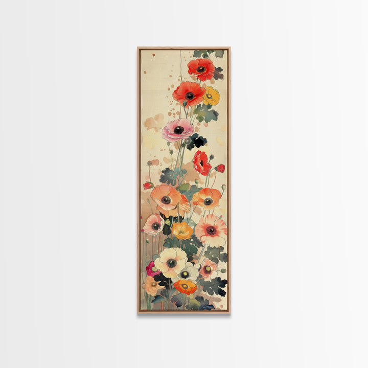 Tall Skinny Art Japanese Style Wood Block Print Colorful Poppy Flowers On A Neutral Background For Framed Canvas Print In Ukiyo-e Style