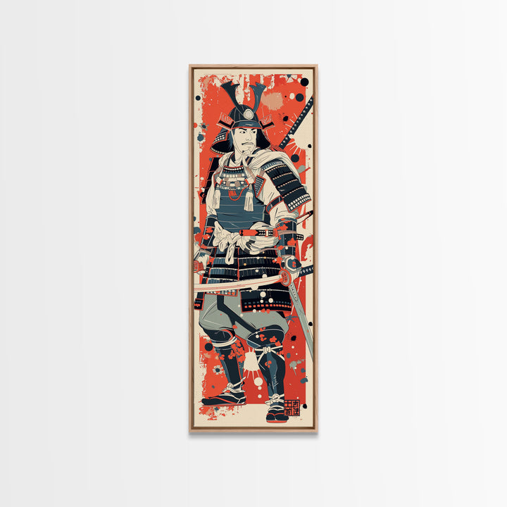 Tall Skinny Art Japanese Style Wood Block Print Samurai Warrior In Full Armor On A Red Background For Framed Canvas Print In Ukiyo-e Style