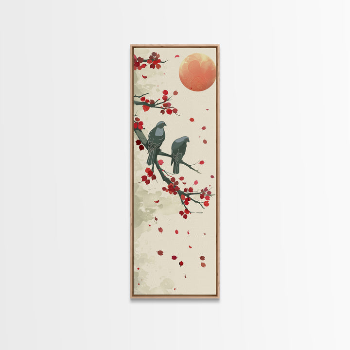 Two Pigeons On Branch With Red Leaves Skinny Art Wood Block Print Japanese Style Art Framed Canvas Print Tall Art Ukiyo-e Art