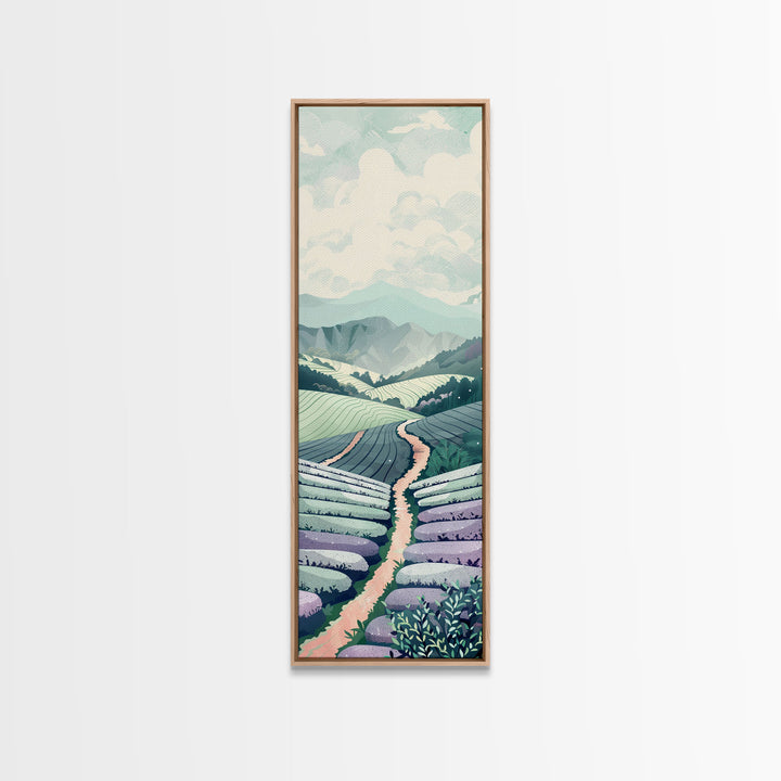 Tranquil Lavender Fields Skinny Art Tall Art Japanese Ukiyo-e Inspired Landscape Framed Canvas Print for Serene Living Spaces