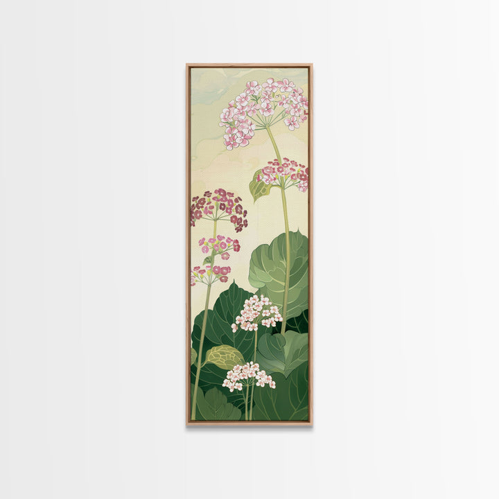 Towering Flower Stalks with Soft Green Leaves against a Pale Background - Skinny Art, Japanese Wall Decor, Framed Canvas Print, Ukiyo-e Style