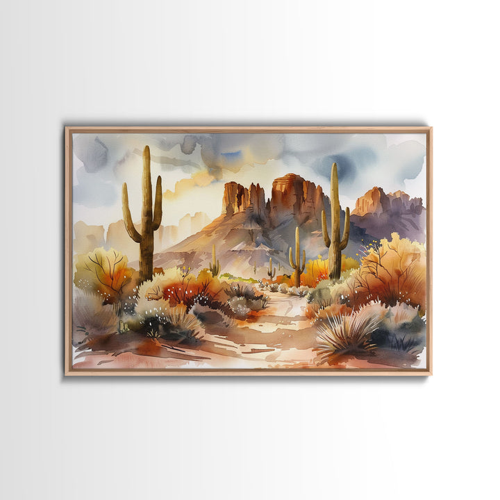 The Desert At Sunset Framed Canvas Print, Watercolor Painting, Original Wall Art Home Decor, Boho Style Farmhouse Wall Art